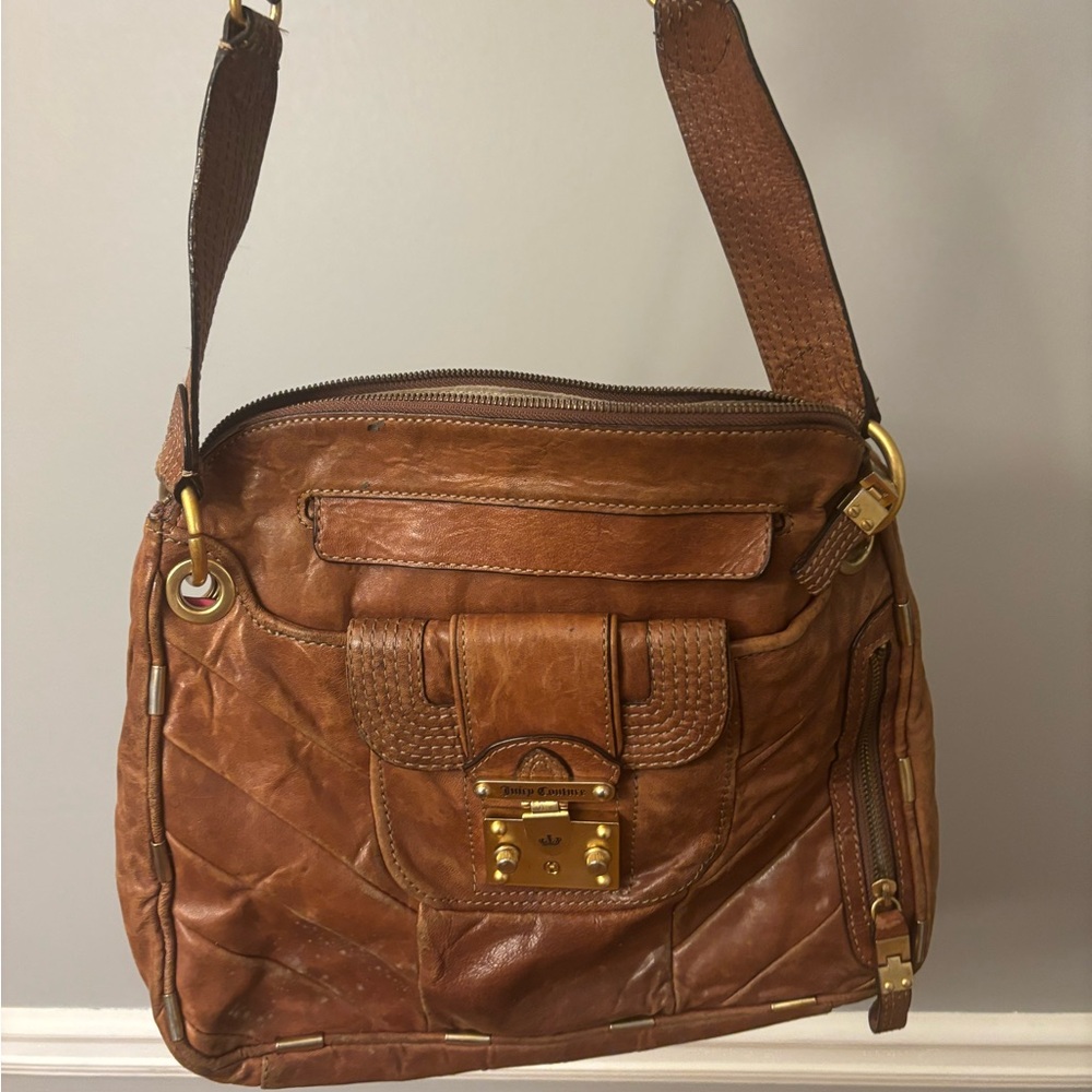 Juicy Couture Brown Leather Shoulder Bag Gold Lock Vintage Quilted Purse